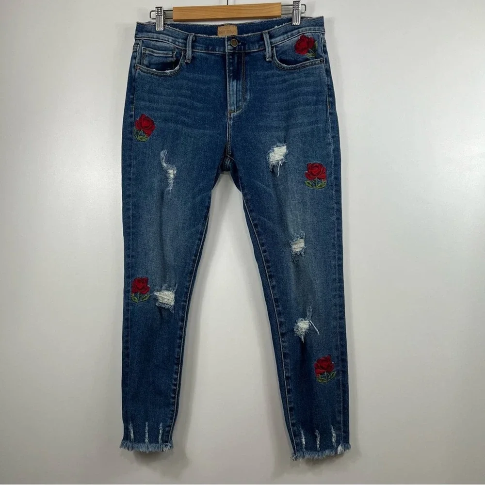 Driftwood Joyce Boho Rose Embroidered Distressed Raw Hem Cropped Jeans Size 26 - Picture 11 of 11